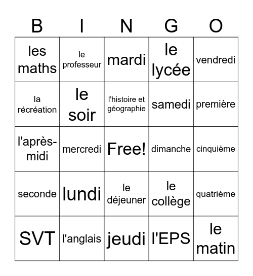L'ecole et l'emploi du temps Bingo Card