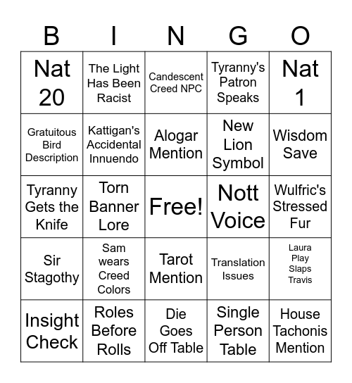 Kaylee's Crit Role C4E6 Bingo Card