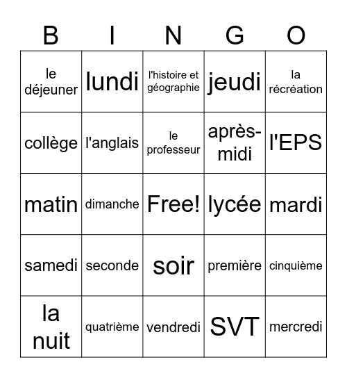 cours Bingo Card