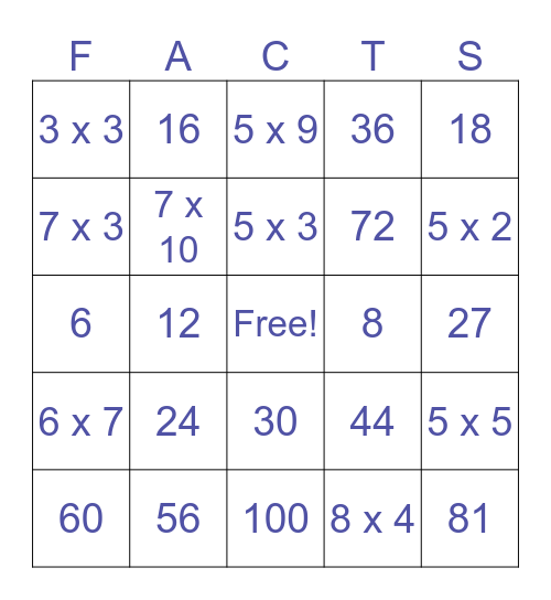 Multiplication up to 10s Bingo 3B Bingo Card