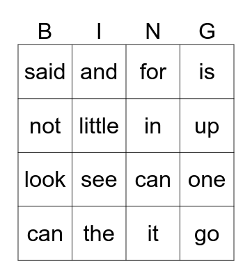 Sight words 1 Bingo Card