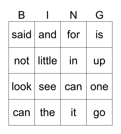 Sight words 1 Bingo Card