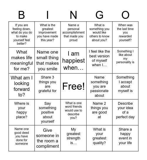 Positive Self Talk BINGO Card