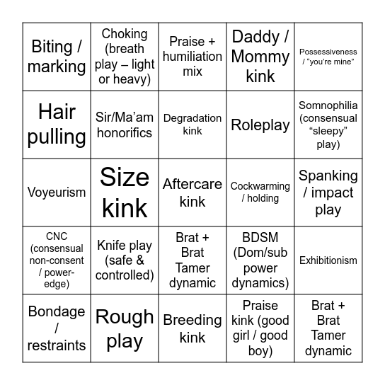 Romance Kinks / Spice Elements Bingo Card