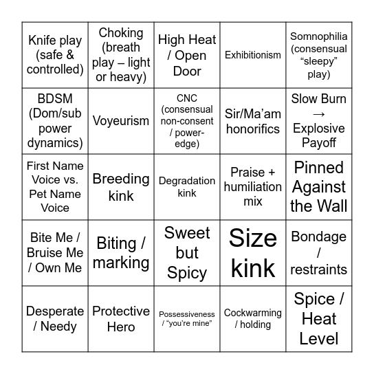 Spicy Romance Book Terms Bingo Card