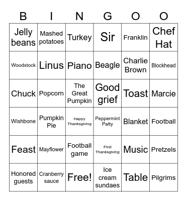 Charlie Brown Thanksgiving Bingo Card