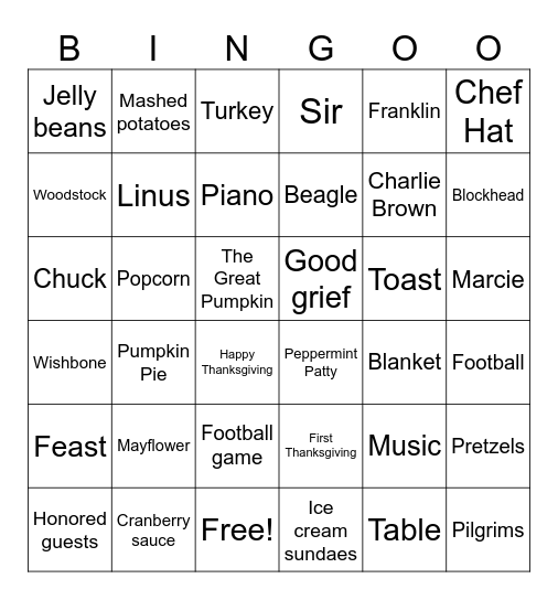 Charlie Brown Thanksgiving Bingo Card