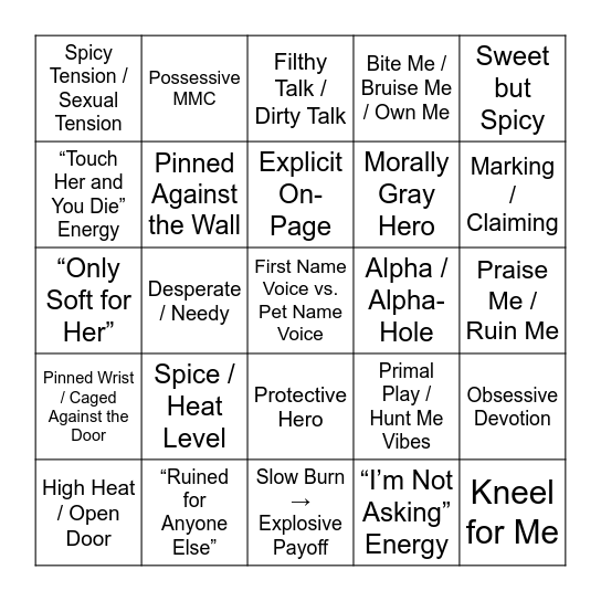 Spicy Romance Book Terms Bingo Card
