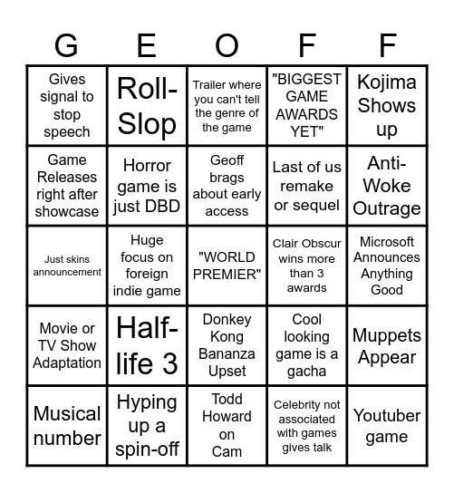 Game Awards 25 Bingo Card