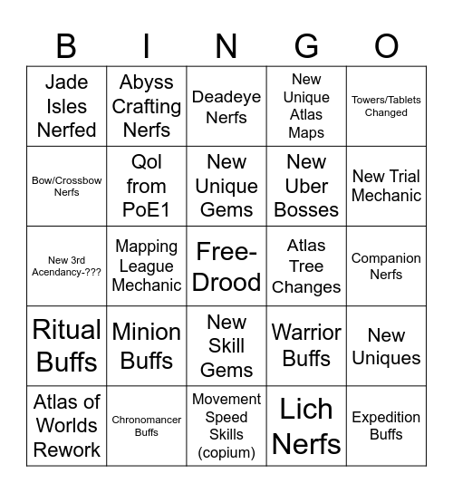 PoE2 New League Bingo Card