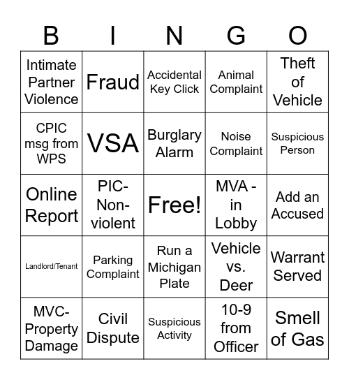LPS 911 Dispatch Bingo Card