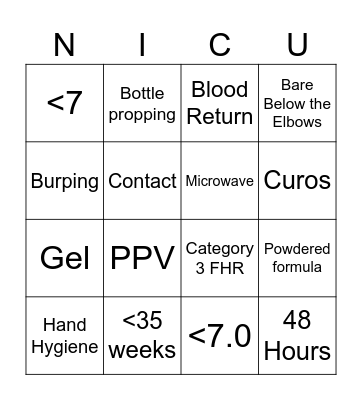 NICU Policies Bingo Card