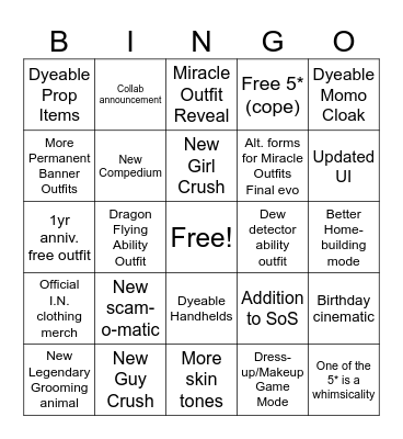 Infinity Nikki 2.0 Bingo Card