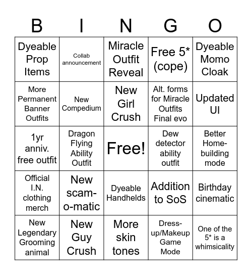 Infinity Nikki 2.0 Bingo Card