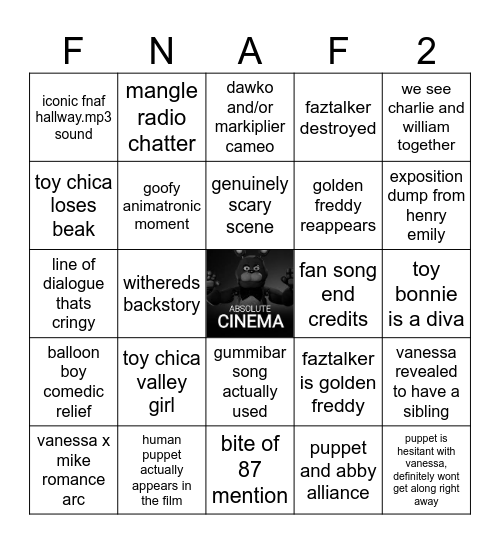 fnaf2 Bingo Card