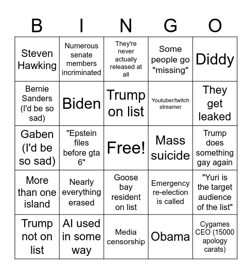 Epstein Bingo Card