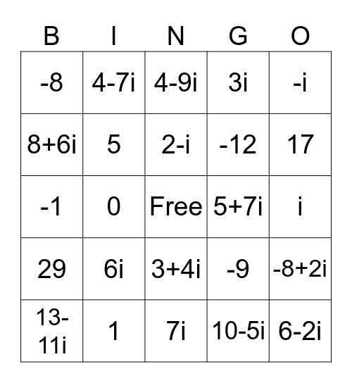 Complex Numbers Bingo Card