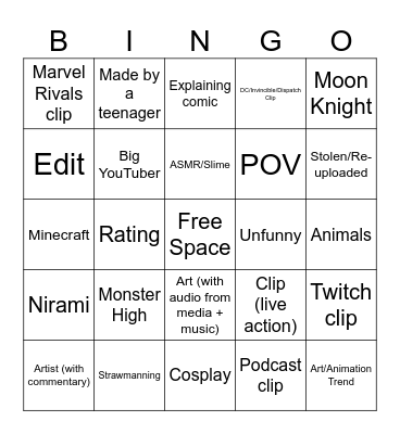 YT Shorts Bingo Card