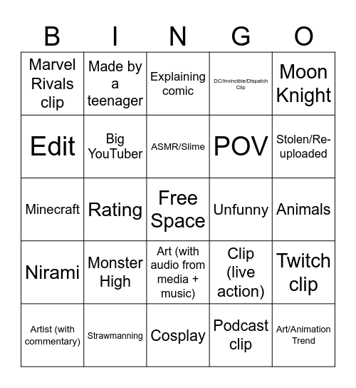 YT Shorts Bingo Card