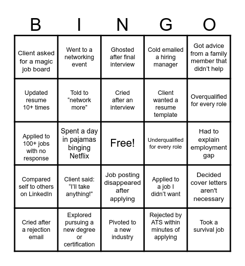 Unemployment Bingo Card