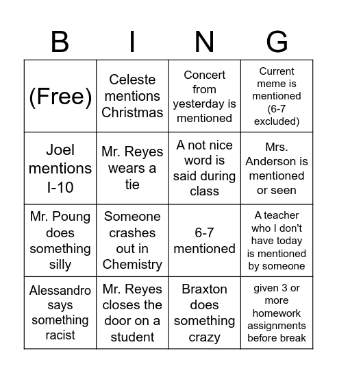Early Release Bingo Card