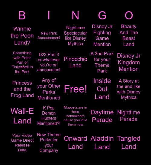 Justyn's Disney Park Bingo Card
