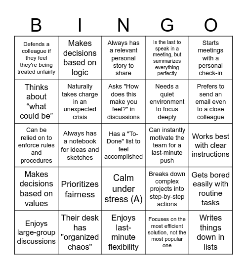 MBTI Bingo Card