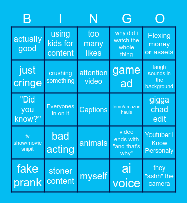 youtube shorts Bingo Card