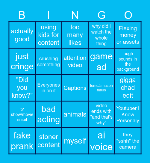 youtube shorts Bingo Card
