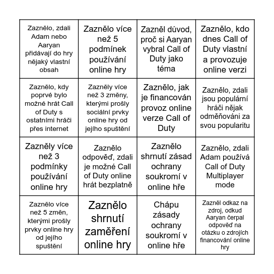 Call of Duty Mutliplayer mode Bingo Card