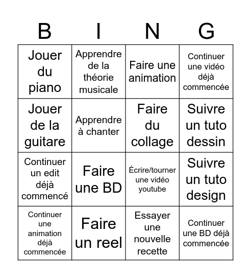 Bingo créatif Bingo Card
