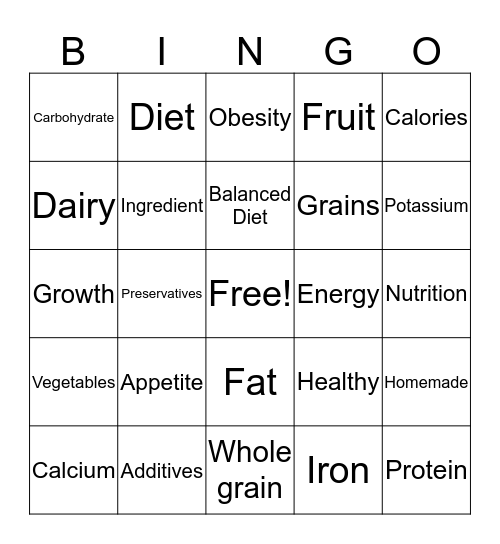 Nutrition Bingo Card