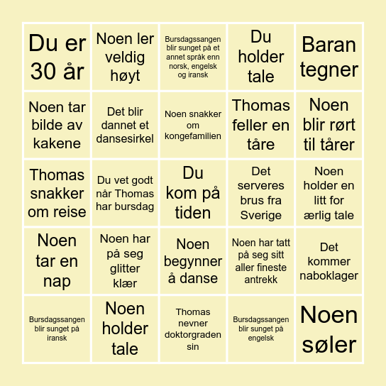 THOMAS 30 ÅR BINGO Card