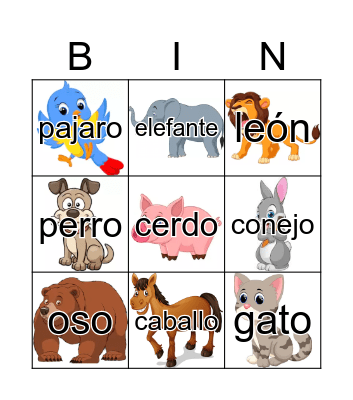 Spanish Animals Bingo Card