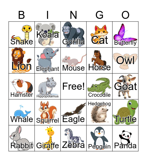 Animal Bingo Card