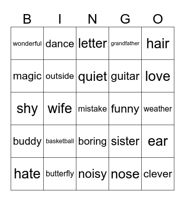Angol szavak Bingo Card