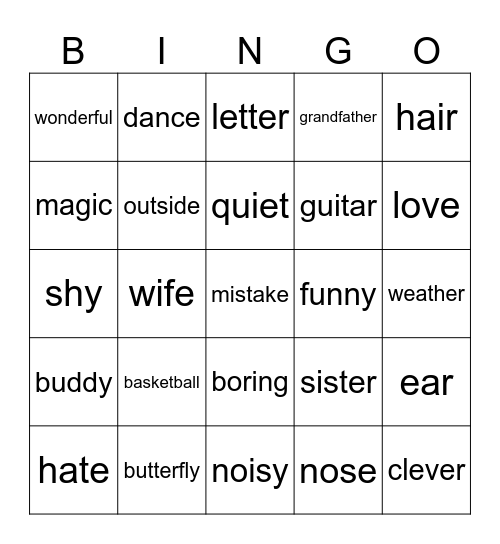 Angol szavak Bingo Card