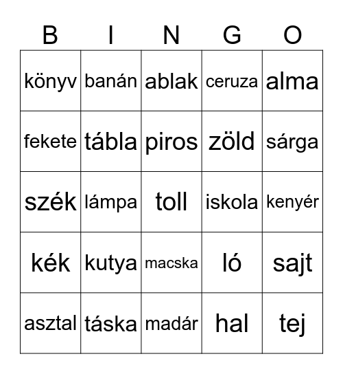 angol szavak Bingo Card