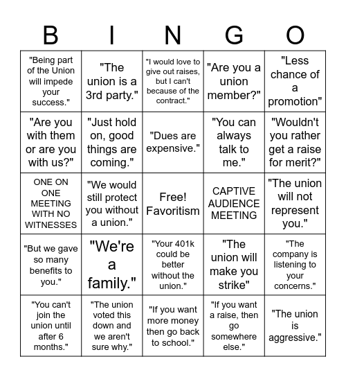 Union Busting Bingo Card