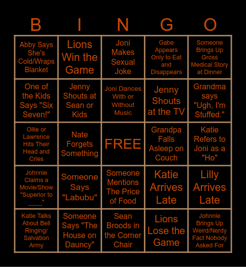 Super Secret Thanksgiving Family Bingo 2025 Bingo Card