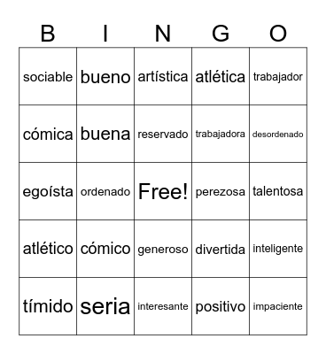 Spanish adjectives Bingo Card