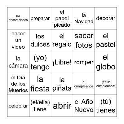 Parte D:  Celebrations Bingo Card
