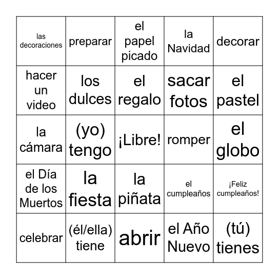 Parte D:  Celebrations Bingo Card