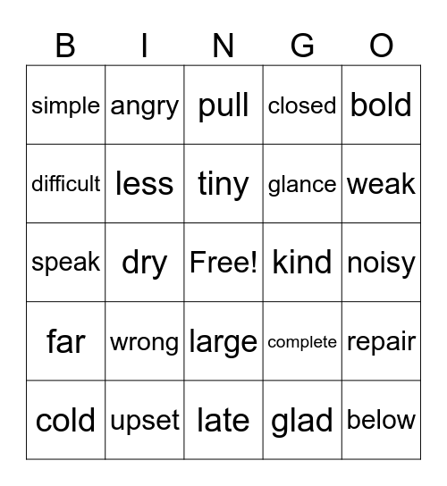 Synonym and Antonym Bingo Card