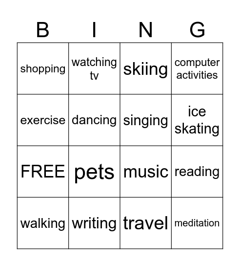 Leisure Time Bingo Card