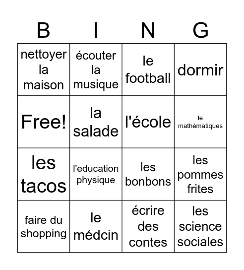 J'aime/Je n'aime pas Bingo Card