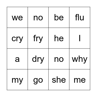 Open Syllable Bingo Card