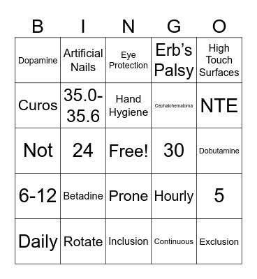 NICU Bingo Card