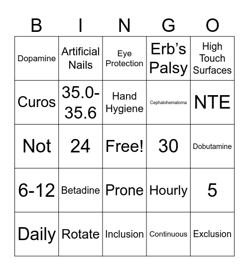 NICU Bingo Card