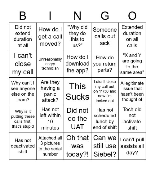 OFSC Launch Bingo Card